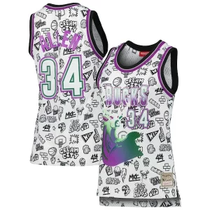 Fantastic Ray Allen Milwaukee Bucks Women's 1996 Doodle Swingman Jersey White