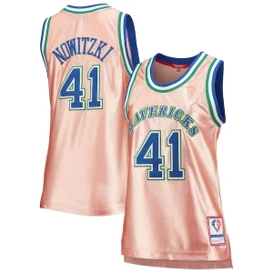 Gorgeous Dirk Nowitzki Dallas Mavericks Women's 75th Anniversary Rose Gold 1998 Swingman Jersey Pink