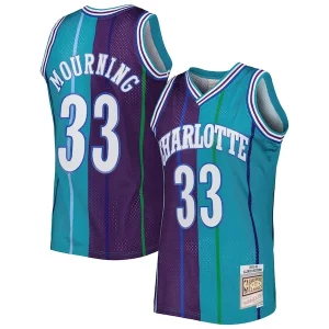 Stylish Alonzo Mourning Charlotte Hornets Hardwood Classics 1992/93 Split Swingman Jersey Teal/Purple